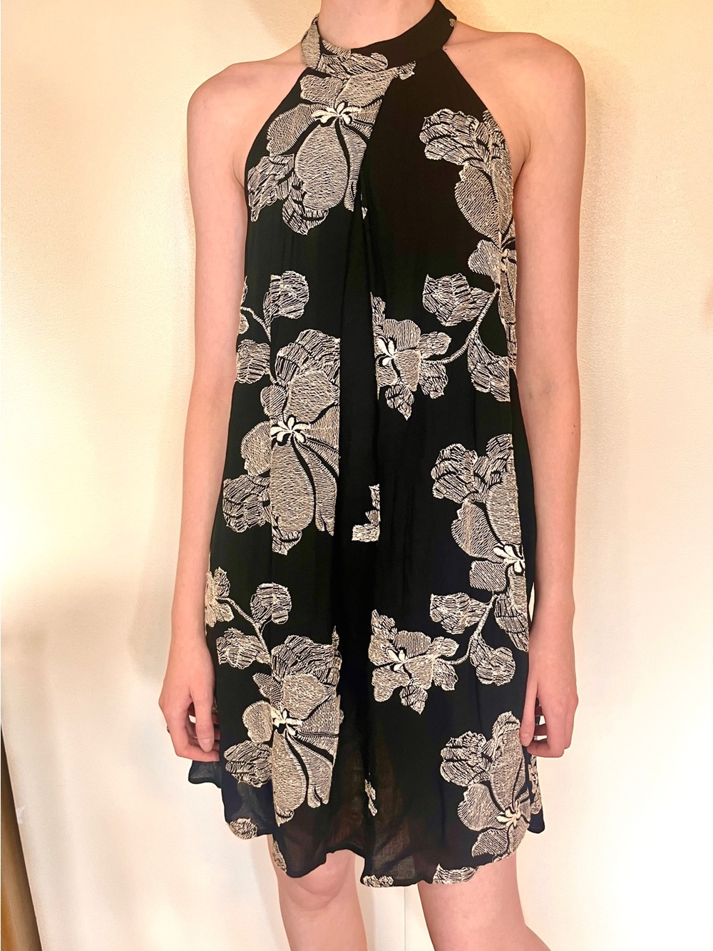 Willow & Clay Black Mini Dress with White Floral Embroidery